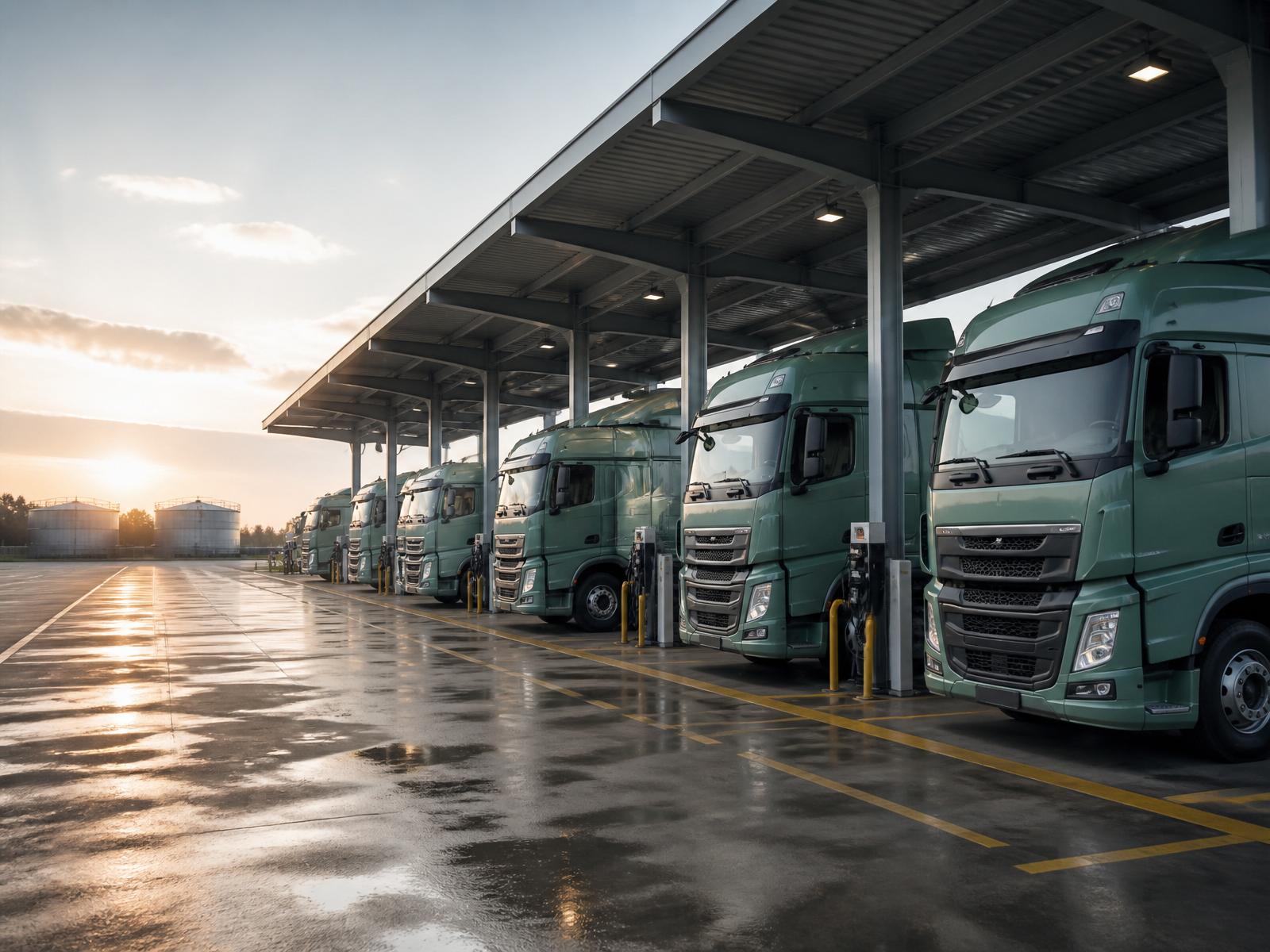 Commercial truck fleet parked at a fuel depot at dawn