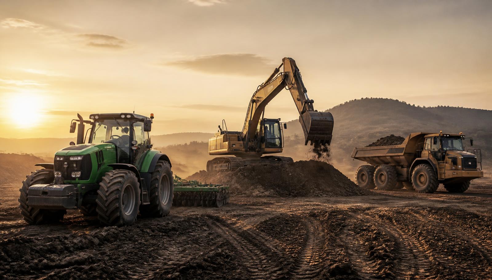 Heavy construction and earthmoving equipment working on an industrial site